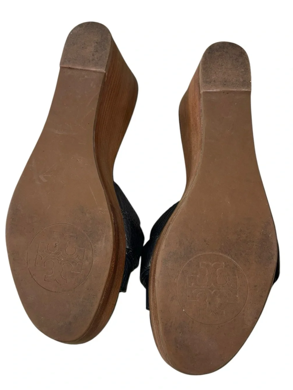 Tory Burch Elina Black Leather Gold Logo Plstform Wedge Sandals - 8.5